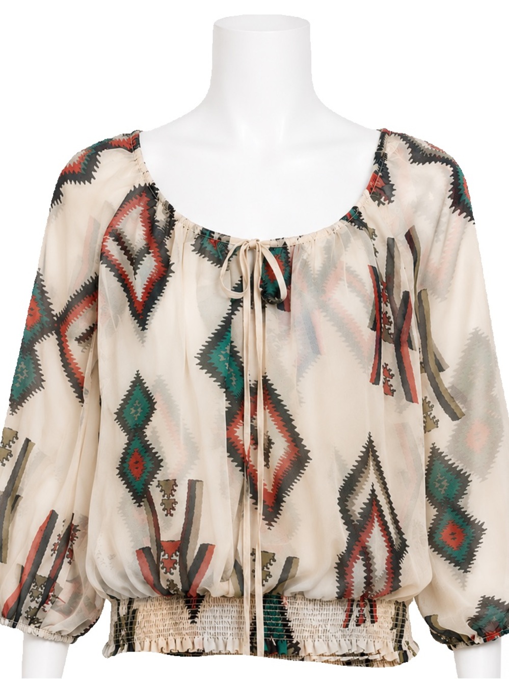 Wet Seal White Sheer Boho Blouse with Teal and Coral Aztec Print